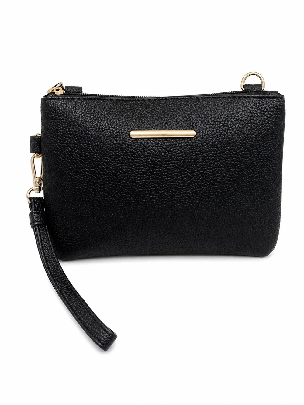 Black Pebbled Leather Wristlet Clutch with Gold Accent